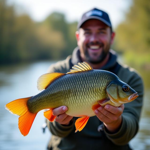 Ein Angler mit einem grossen Flussbarsch.