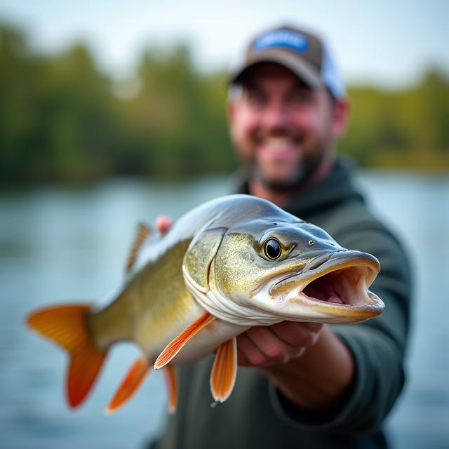 Ein glücklicher Angler hält einen grossen Hecht in die Kamera.