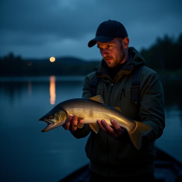 Ein Angler bei Nacht mit einem gefangenen Zander.
